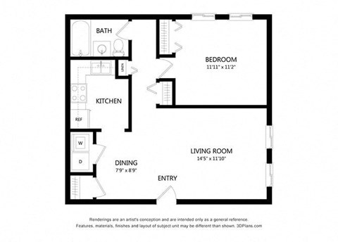 Floor plan for 1 bed, 1 bath, 650 sqft